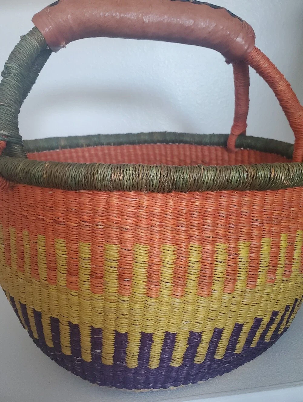 Large Colorful Basket Leather Handle Home Decor Boho Farmhouse Coastal Western
